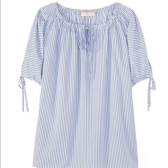 Tory Burch | Ariana Drawstring Top Womens S Small Blue Ombre Stripe Short Sleeve - Picture 11 of 16